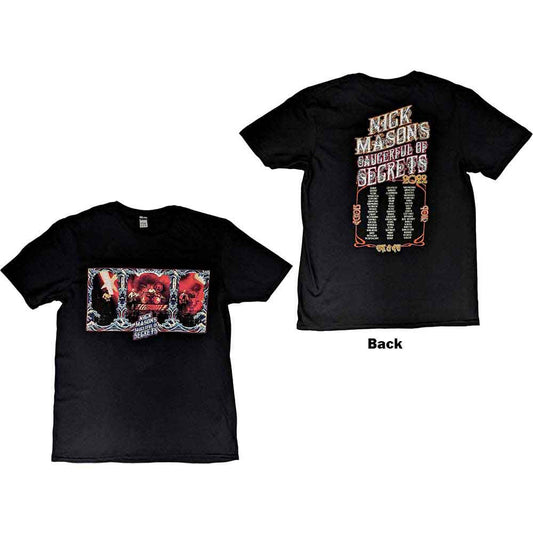 Black t-shirt with band logo and Hokusai wave design, front and back.