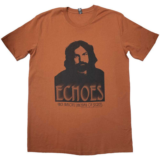 Rust-colored t-shirt with a black and white portrait and "ECHOES" text.
