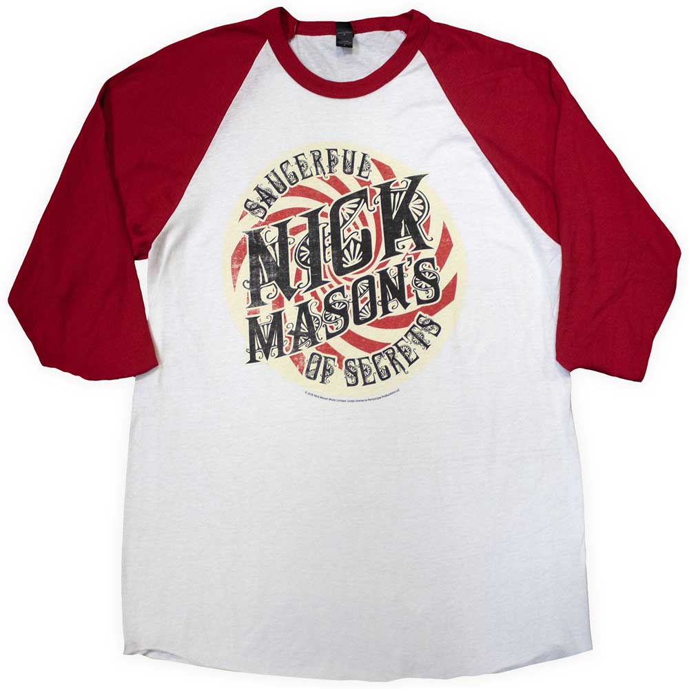 Red and white raglan t-shirt with "Nick Mason's Saucerful of Secrets" design.