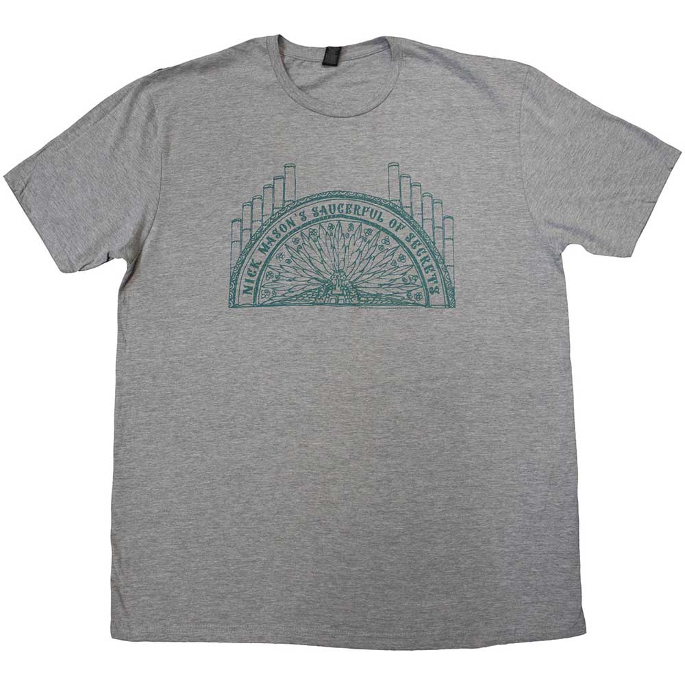 Gray t-shirt with teal graphic of organ pipes and band name.