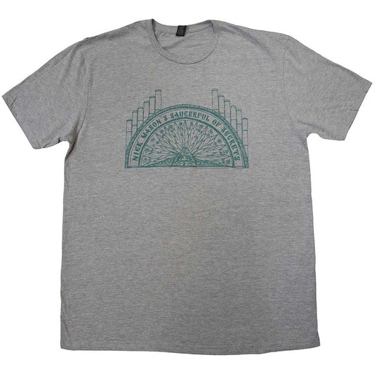 Gray t-shirt with teal graphic of organ pipes and band name.