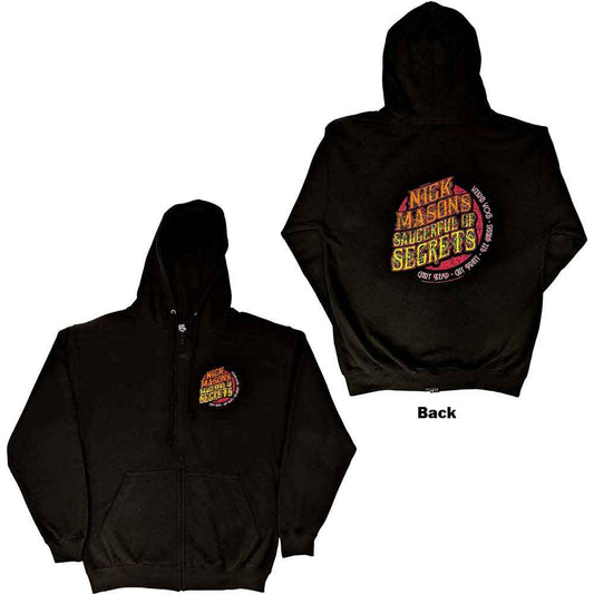 Black zipped hoodie with Nick Mason's Saucerful of Secrets logo on back.