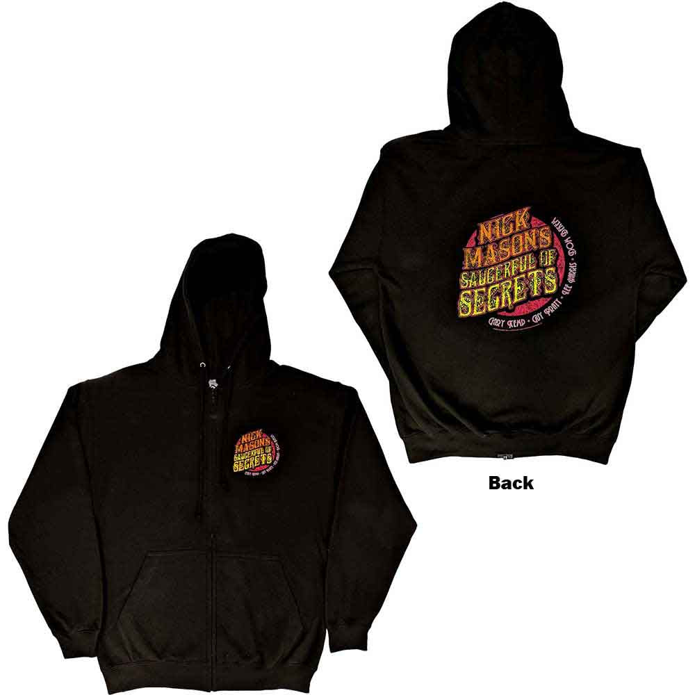 Black zipped hoodie with Nick Mason's Saucerful of Secrets logo on back.