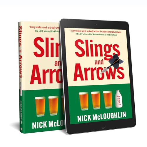 Book cover for "Slings and Arrows" with beer glasses and a dart.