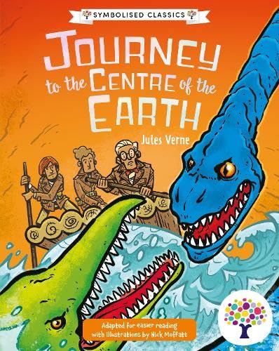 Book cover: explorers in a cave with dinosaurs, orange background.