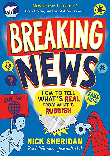 Book cover titled Breaking News with cartoon illustrations of children and speech bubbles.