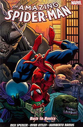Spider-Man hangs upside down surrounded by Rhino, Mysterio, Kraven the Hunter, and the Lizard.