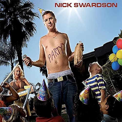 Nick Swardson shirtless with Party written on his chest, surrounded by people in hats.