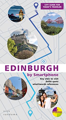Edinburgh travel guide cover with landmarks, map route, and smartphone image.
