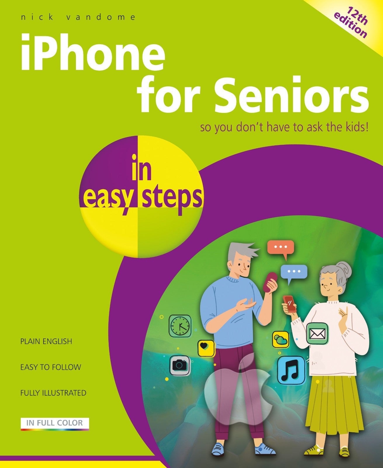 Book cover: “iPhone for Seniors in easy steps”, illustrated with older adults.