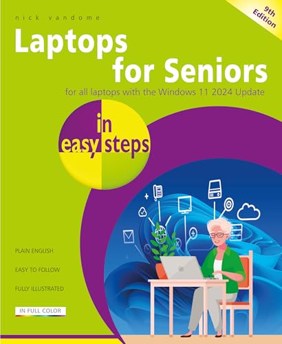 Book cover: “Laptops for Seniors” with a woman using a laptop.