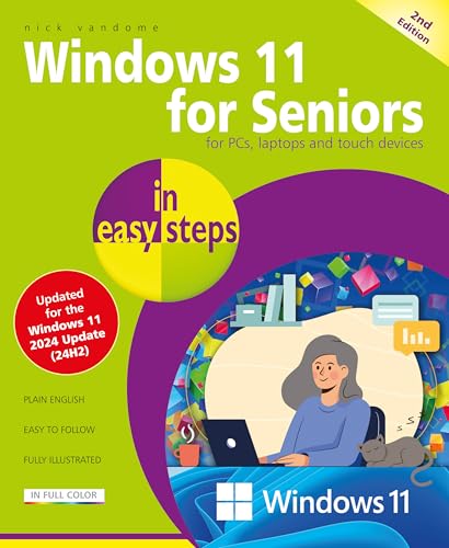 Book cover titled Windows 11 for Seniors featuring an illustration of a woman using a laptop.