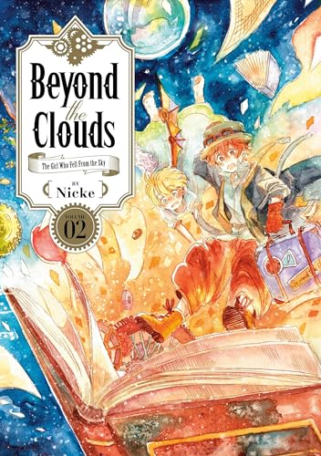 Colorful manga cover with two children and a fantastical, open book scene.