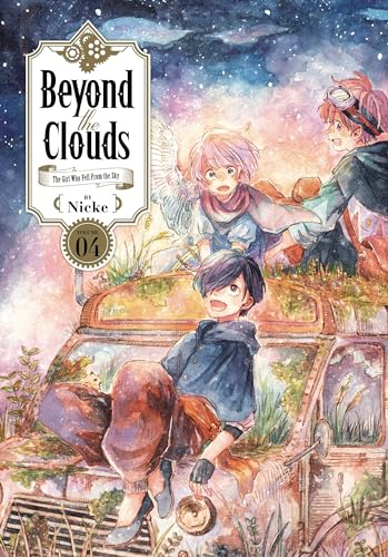 Manga volume four cover with three young people and a fantastical vehicle.
