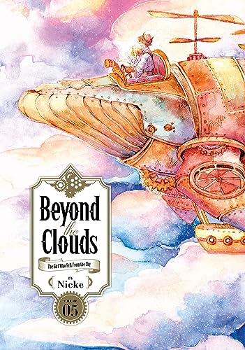 Watercolor illustration of children in a steampunk airship among clouds.
