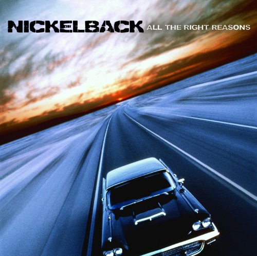 "Album cover of Nickelback's 'All the Right Reasons' featuring a black car on a highway."