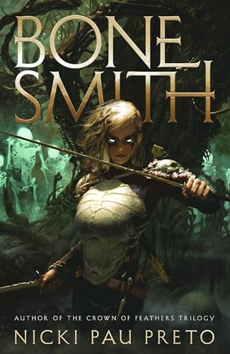 Book cover: woman with bone-like face holding a bow amidst spectral figures.
