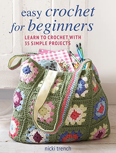 Book cover titled Easy Crochet for Beginners featuring a handmade green granny square tote bag.