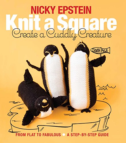 Book cover with knitted penguins and title "Knit a Square, Create a Cuddly Creature".