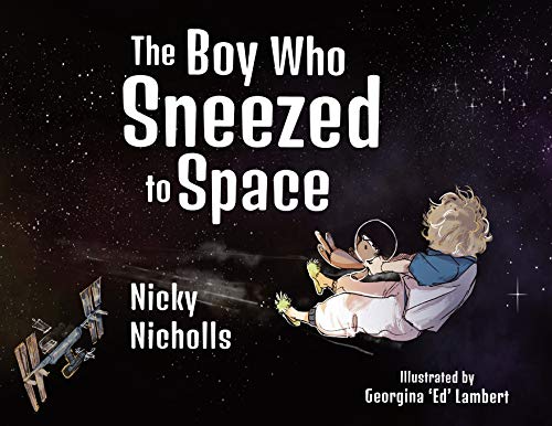 Book cover: boy floating in space with a satellite nearby.