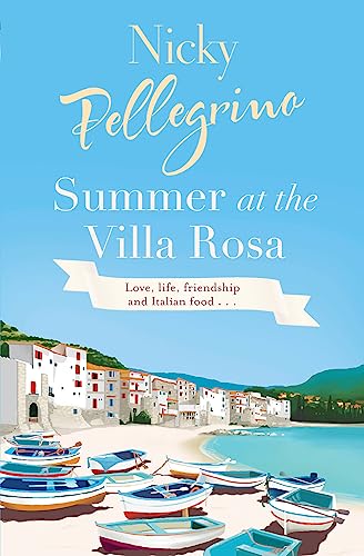 Book cover with blue sky, white coastal buildings, and small boats on a beach.