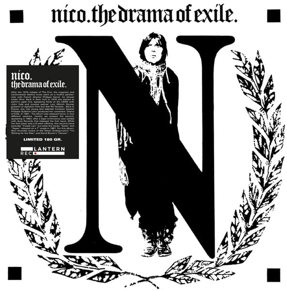 Black and white vinyl record cover featuring Nico and floral designs.