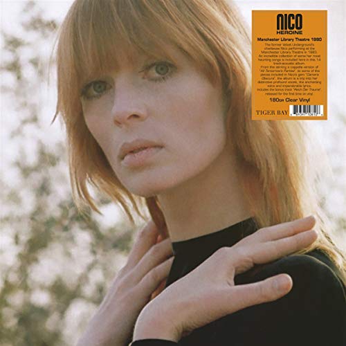 Nico portrait on vinyl record sleeve, with orange text overlay.