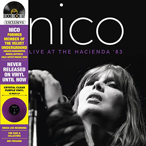 Black and white photo of Nico singing with purple text and Record Store Day branding.