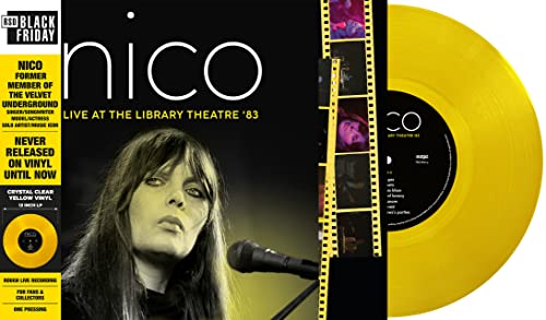 Nico album cover featuring her portrait and a bright yellow vinyl record disc.