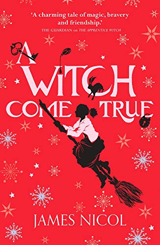 Red book cover with silhouette of a girl flying on a broom.