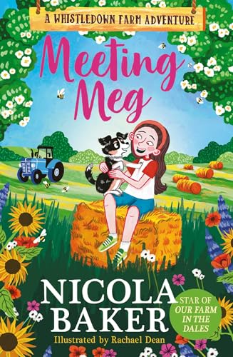 Book cover: girl with black and white dog on hay bale, farm background.