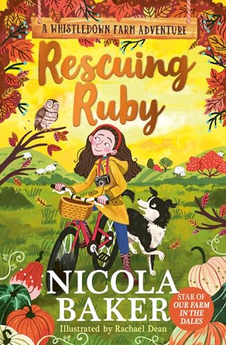 Book cover: girl with dog and basket on a bicycle, autumn leaves.