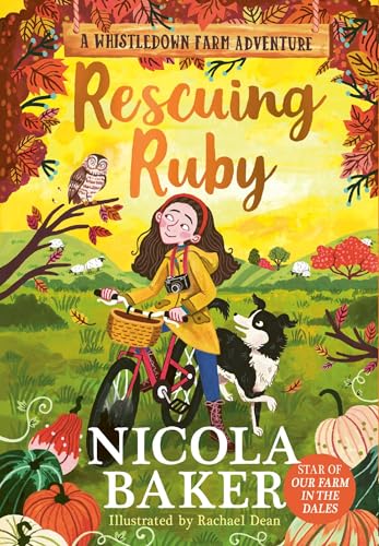 A girl on a bicycle with a dog in a rural autumn landscape.