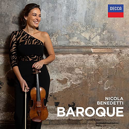 Nicola Benedetti holding a violin, album cover for “Baroque.”
