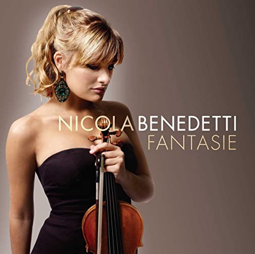 Nicola Benedetti holding a violin, album cover for "Fantasie.