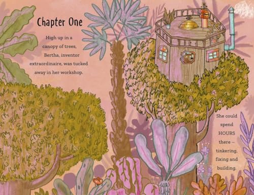 Jungle scene with a treehouse workshop and illustrated plants.