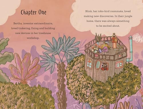 Illustration of a treehouse workshop with a girl, a robot-bird, and plants.