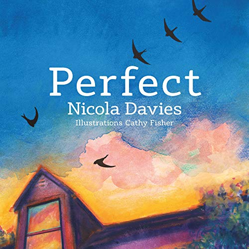 Book cover with title "Perfect", birds, and a colorful house illustration.