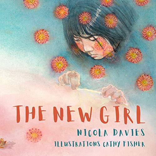 Watercolor illustration of a girl with flowers, book cover for "The New Girl.