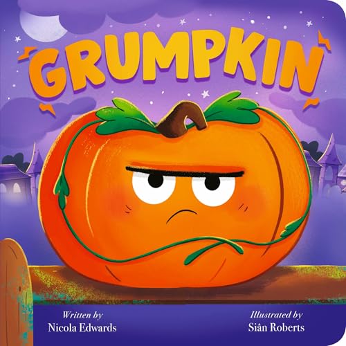 Orange pumpkin with an angry face, book cover for "Grumpkin.
