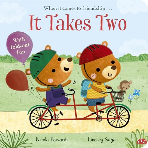 Two cartoon bears ride a tandem bicycle in a grassy field with balloons.