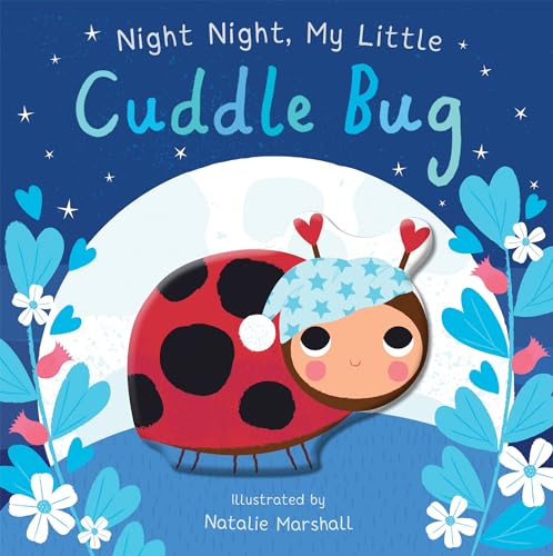 A ladybug wearing a nightcap sits against a large moon in a starry sky.