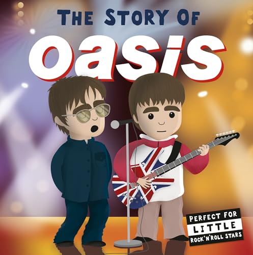 Cartoon illustrations of Liam and Noel Gallagher with the book title "The Story of Oasis".