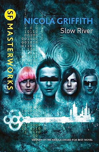 Book cover for Slow River by Nicola Griffith featuring four faces and a key.