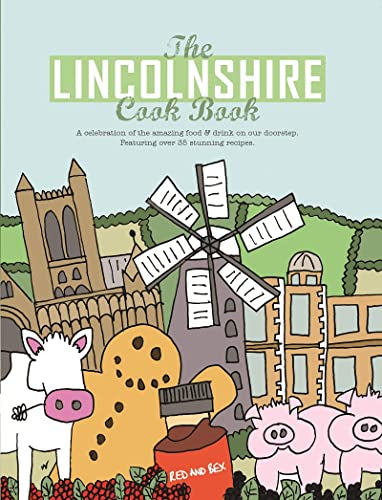 Cookbook cover with illustrated windmill, buildings, farm animals, and produce.