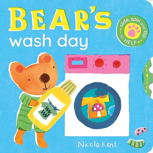 Brown bear with detergent bottle next to a washing machine.