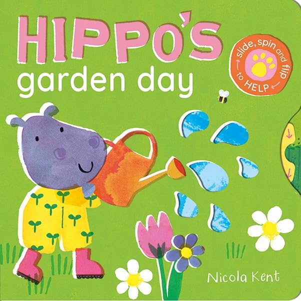 Hippo watering plants in a colorful garden, interactive board book cover.