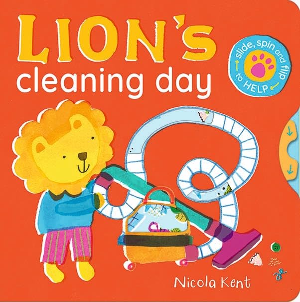 Children’s book cover: a lion with a vacuum cleaner, interactive elements.