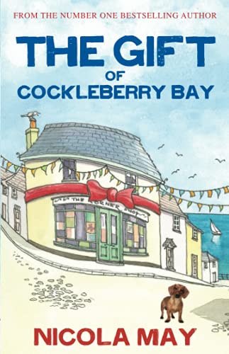 Book cover with illustrated coastal buildings, bunting, and a small dog.