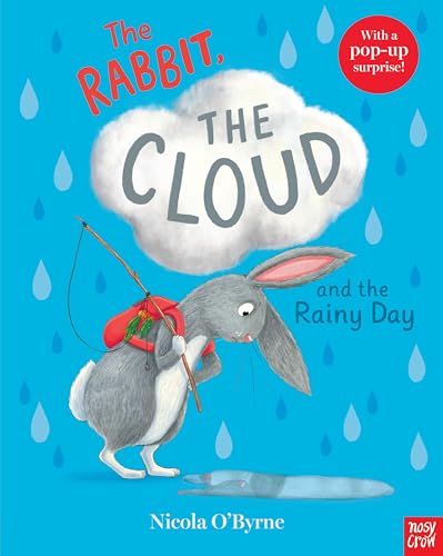 Gray rabbit with red bag walks under a cloud in the rain.
